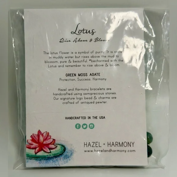 Moss Agate & Pewter Lotus Charm Stretch Bracelet NIP - Hazel and Harmony - Picture 12 of 13